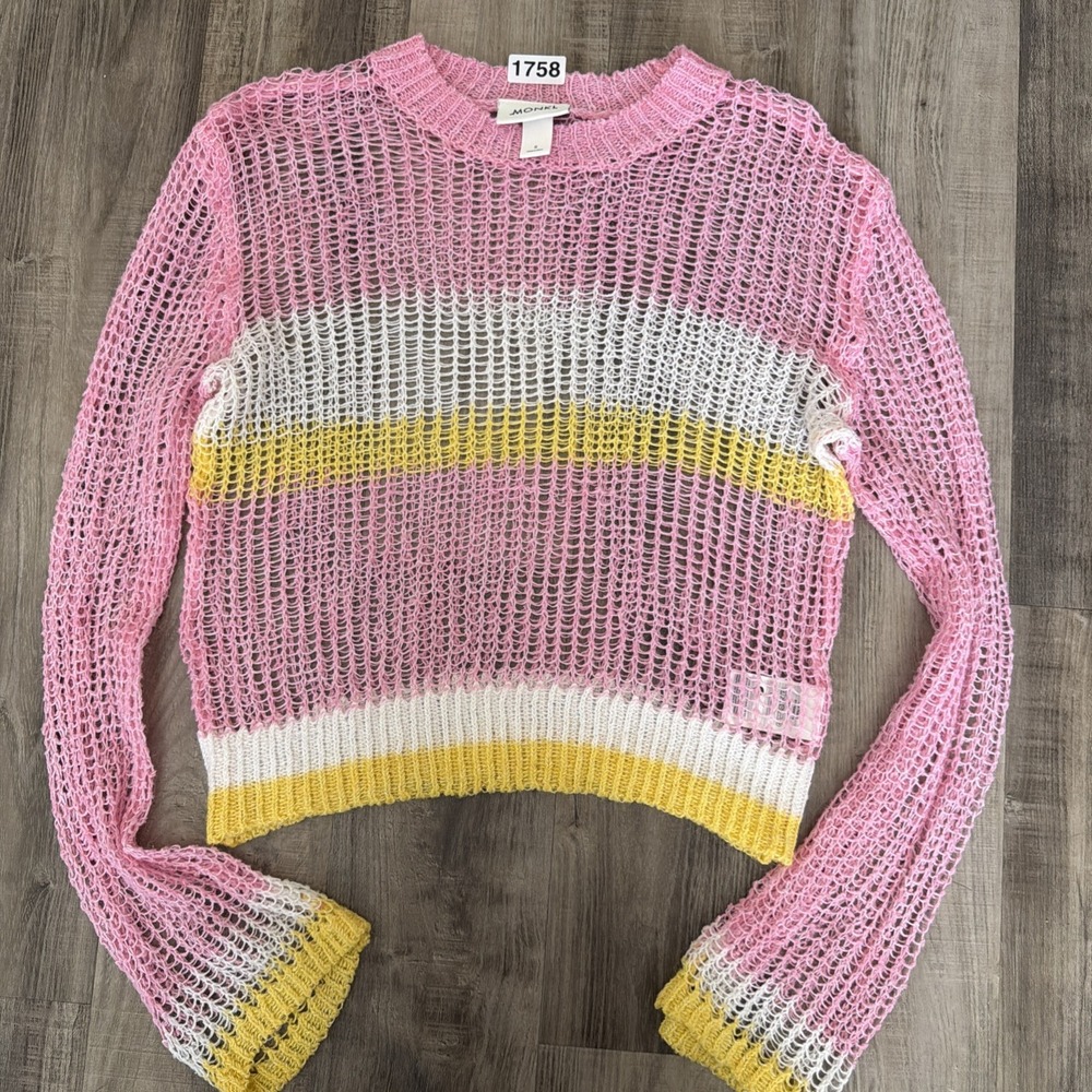 Monki Pink Yellow Striped Crochet Loose Knit Longsleeve Sweater Boho Beach Small